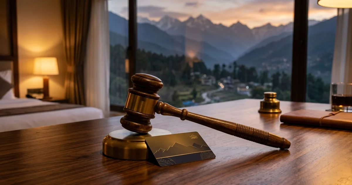 Gavel and hotel key card on a desk, representing Indian law and hotel guest privacy in Rishikesh